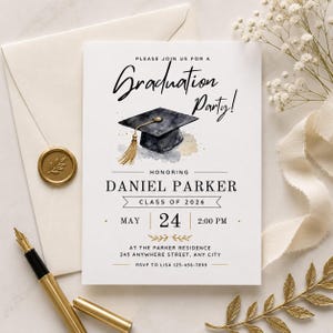 May include: A graduation party invitation with the text "Graduation Party!" and details for Daniel Parker's graduation. The design includes a graduation cap illustration, gold accents, and the date May 24, 2:00 PM.