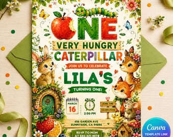 Caterpillar 1st Birthday Invitation, Editable Hungry Bug ONE Invite, Garden Woodland Party Printable Canva Template
