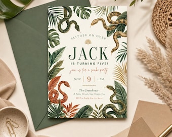May include: A birthday party invitation with a jungle theme. The invitation features a white background with green and orange snakes and tropical leaves. The text reads "SLITHER ON OVER" and "JACK IS TURNING FIVE!" with the date and time of the party.
