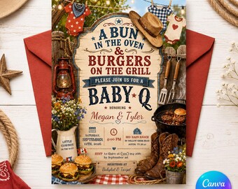 Baby Q Shower Invitation, Editable Bun in Oven BBQ Baby Shower Invite, Western Backyard Canva Template