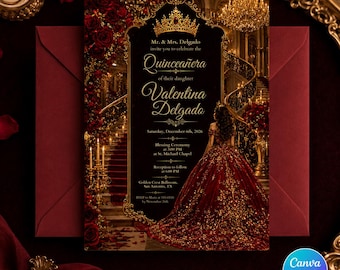 Quinceanera Invitation, Red Gold Princess Mis Quince 15th Birthday Invite, Editable Printable Canva Template