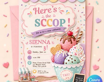 Ice Cream Birthday Invitation Editable, Here's the Scoop Girl 3rd Birthday Party Printable Canva Template