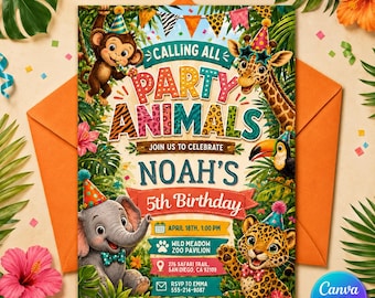 Party Animals Birthday Invitation, Jungle Safari Zoo Animal Party Invite, Editable Printable Canva Template