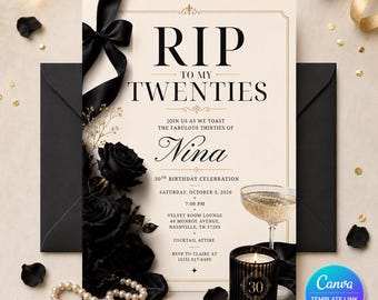 RIP to My Twenties Birthday Invitation, 30th Birthday Funeral Party Invite, Black Gold Editable Canva Template