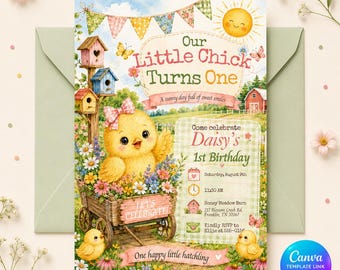 Little Chick 1st Birthday Invitation Editable, Spring Farm Girl Party Invite Printable Canva Template