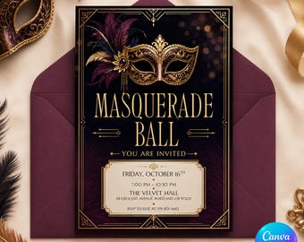 Masquerade Ball Invitation, Black Gold Mask Party Invite Editable Printable Canva Template