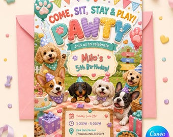 Dog Birthday Invitation, Editable Puppy Pawty Invite, Cute Kids Party Printable Canva Template