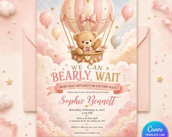 We Can Bearly Wait Baby Shower Invitation, Editable Hot Air Balloon Teddy Bear Invite, Printable Canva Template