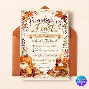 May include: A rectangular Friendsgiving Feast invitation card featuring autumn leaves, pumpkins, candles, and two slices of pie. The text includes event details, date, time, location, and RSVP information, all framed by a decorative border on a rust-colored envelope.