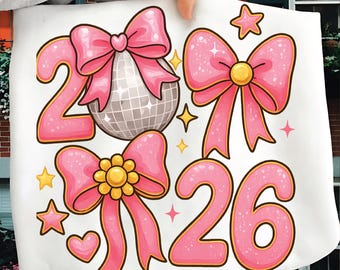 PNG de Año Nuevo 2026, PNG de lazo coqueto, Clipart de bola de discoteca, Sublimación rosa brillante, Camiseta kawaii de Año Nuevo, Estética de Nochevieja, Arte de lazo femenino lindo
