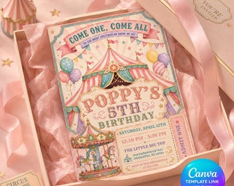 Circus Birthday Invitation, Editable Pastel Carnival Party Invite, Printable Girl 5th Birthday Canva Template