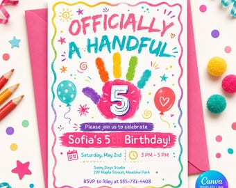 Officially a Handful 5th Birthday Invitation, Colorful Handprint Party Invite, Girl Editable Printable Canva Template