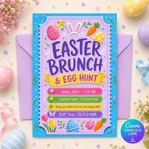 May include: A rectangular Easter brunch and egg hunt invitation card with a blue border and light purple center. It features illustrations of colorful eggs, carrots, and bunny ears. Text includes: Easter Brunch & Egg Hunt, Sunday, April 5, 11:00 AM.