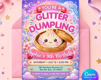 Glitter Dumpling Birthday Invitation , Cute Kawaii Kids Birthday Invite , Little Dumplin’ Birthday Invitation, Canva Template