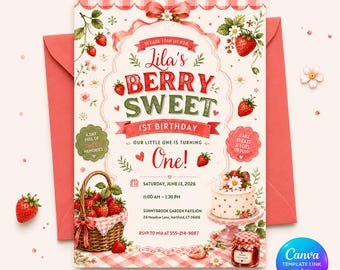 Berry Sweet 1st Birthday Invitation Editable, Strawberry Girl Party Invite Printable Canva Template
