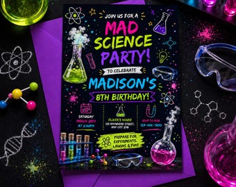 Mad Science Birthday Invitation, Science Birthday, Science Party, Mad Science Party , Canva Template