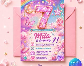 Girl 7th Birthday Invitation Editable, Rainbow Butterfly Party Invite, Pink Jewel Princess Printable Canva Template