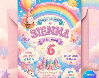 Unicorn Birthday Invitation, Pastel Rainbow Bunny Girl Party Editable Printable Canva Template