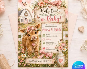Holy Cow Baby Shower Invitation, Editable Pink Cow Baby Invite, Rustic Floral Farm Shower Printable Canva Template