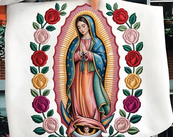 Faux Embroidered Virgen de Guadalupe PNG, Catholic Virgin Mary Clipart, Rose PNG, Sublimation Design for T-Shirts and Gifts
