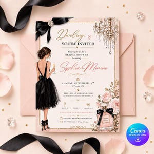 May include: A bridal shower invitation card featuring a gold-bordered design with a black bow, a chandelier, a woman in a black dress holding a champagne glass, and a perfume bottle. Text includes Darling, YOU'RE INVITED, Sophia Monroe, and event details.
