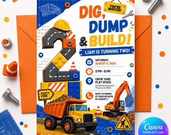Construction Birthday Invitation, Editable Dig Dump Build Party Invite, Printable Boy Truck Canva Template