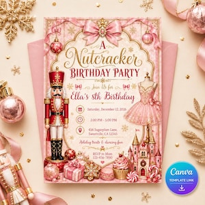 May include: A rectangular invitation card for a Nutcracker birthday party for Ella's 8th birthday on Saturday, December 12, 2026. The design features a nutcracker, a pink tutu, a castle, gifts, and text details on a light pink background.