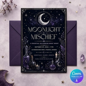 May include: A rectangular invitation card with a dark navy background featuring a crescent moon, stars, and potion bottles. The text reads MOONLIGHT & MISCHIEF, A CELESTIAL HALLOWEEN GIRLS' NIGHT, OCTOBER 29, 2026, 7 PM, 24 MOONSTONE DRIVE, PHOENIX, ARIZONA.