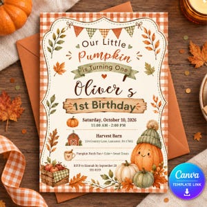May include: A rectangular birthday invitation card featuring a white background with an orange gingham border. The text reads Our Little Pumpkin is Turning One, Oliver's 1st Birthday, Saturday, October 10, 2026, 11:00 AM - 2:00 PM, Harvest Barn.
