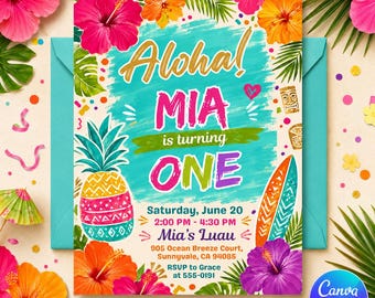 Luau First Birthday Invitation, Aloha Tropical One Party Invite, Editable Printable Canva Template