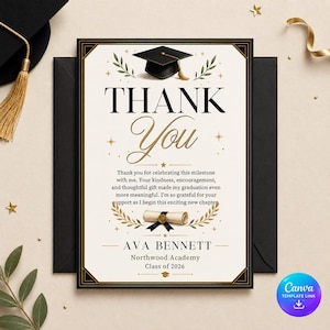 May include: A graduation thank you card featuring a black mortarboard, a rolled diploma with a black ribbon, and gold laurel leaf accents. The text reads: THANK YOU, Ava Bennett, Northwood Academy, Class of 2026, and a message of gratitude.