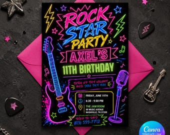 Rock Star Birthday Invitation , Pop Star Birthday Party, Neon Glow Party Like A Pop Star Girl Birthday Invite, Editable Canva Template