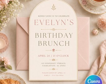 Birthday Brunch Invitation, Blush Pink Floral Garden Brunch Party Invite, Editable Printable Canva Template