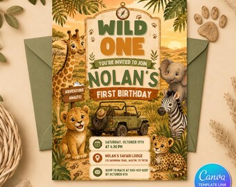 Wild One Safari Birthday Invitation, Jungle Animal First Birthday Invite, Editable Printable Party Canva Template