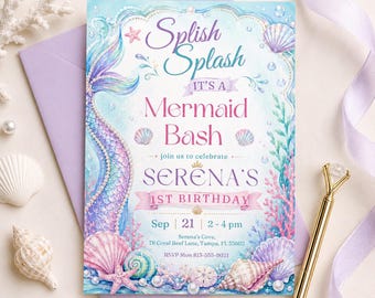 Mermaid Invitation Mermaid Birthday Invitation , Splish Splash Mermaid Pool Party Invitation , Canva Template