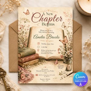 May include: A baby shower invitation card featuring an open book, a stack of three vintage books, butterflies, and wildflowers. The text reads A New Chapter Begins, honoring Amelia Brooks on Sunday, June 21st at 1:30 PM at Willow & Ink Book Café.