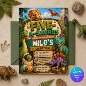 Five A Saurus Invitation, Dinosaur 5th Birthday Invite, Editable Dino Party Printable Canva Template