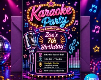 Karaoke Birthday Invitation, Editable Neon Music Party Invite, Printable Girl Singing Party Canva Template