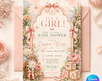 It's a Girl Baby Shower Invitation, Pink Floral Bow Invite, Garden Printable Editable Canva Template