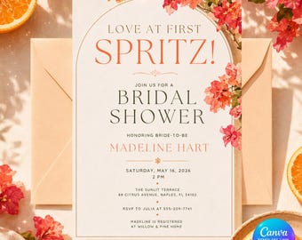 Love at First Spritz Bridal Shower Invitation, Editable Citrus Orange Party Invite, Printable Canva Template