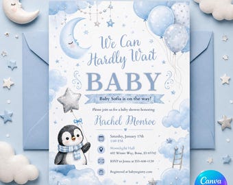 We Can Hardly Wait Baby Shower Invitation, Blue Penguin Winter Printable Editable Canva Template