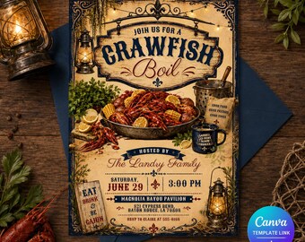 Crawfish Boil Invitation, Cajun Seafood Boil Party Invite, Editable Printable Southern Canva Template