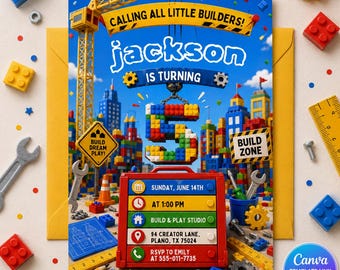 Construction Birthday Invitation, Little Builders Building Blocks Party Invite, Editable Printable Canva Template