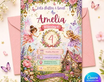 Fairy Birthday Invitation, Editable 4th Birthday Girl Invite, Butterfly Garden Party Canva Template