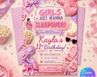 Sleepover Birthday Invitation, Pajama Party Invite, Girls Slumber Party, Editable Printable Canva Template
