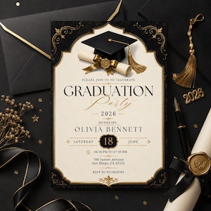 May include: Elegant graduation party invitation with a black and gold color scheme. Features a graduation cap, diploma, and the text "Graduation Party 2026" honoring Olivia Bennett. Includes date, time, and RSVP information.