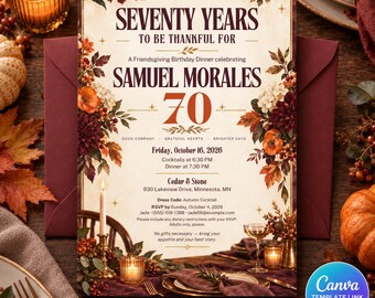 70th Birthday Invitation, Friendsgiving Dinner Invite, Elegant Fall Floral Milestone Party, Editable Printable Canva Template