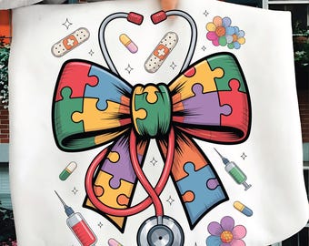 Autism Nurse PNG SVG | Puzzle Piece Bow with Stethoscope | Nurse Life | Awareness Design | Medical Clipart for Sublimation & Cricut