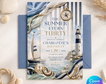 Nautical 30th Birthday Invitation, Editable Summer I Turned Thirty Coastal Party Canva Template