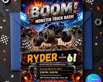 Monster Truck Birthday Invitation, Boom Truck Bash Party Invite, Editable Printable Boy Canva Template
